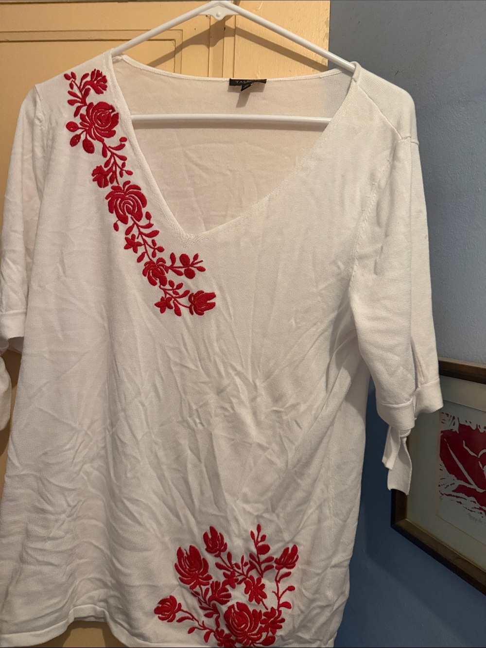 White V-Neck Women's Top with Red Floral Embroidery